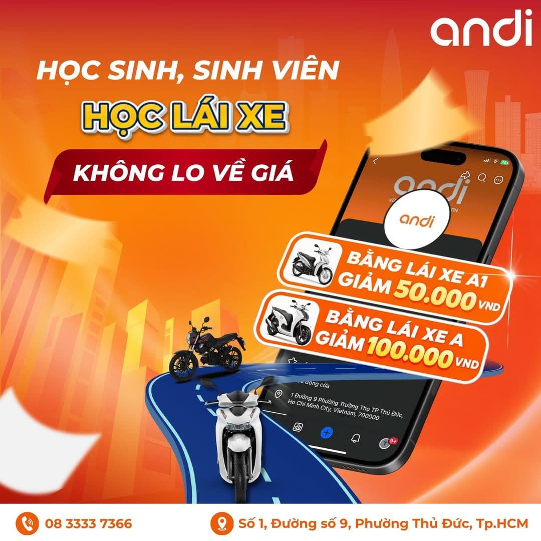 Ưu đãi học sinh, sinh viên: bằng A1 giảm 50.000đ, bằng A giảm 100.000đ